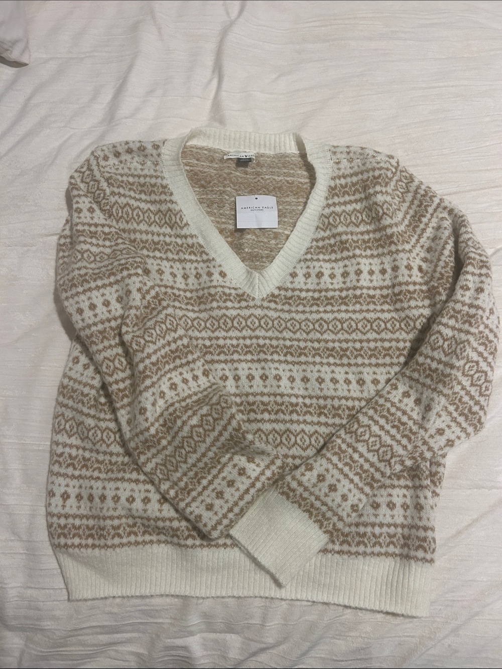 American Eagle Outfitters Cream & Tan Fair Isle V-Neck Sweater